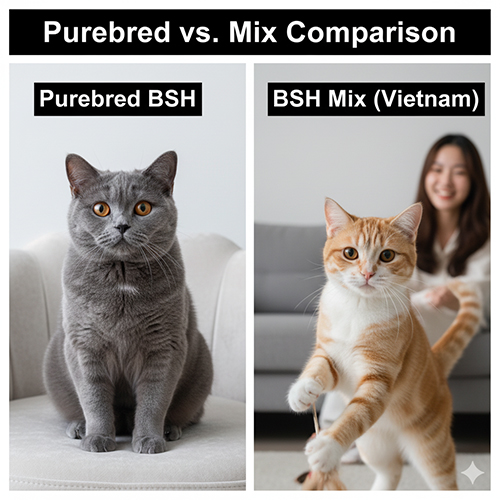 So sánh mèo Anh lông ngắn thuần màu xám xanh và mèo Anh lông ngắn lai mèo ta màu vàng trắng trong phòng khách