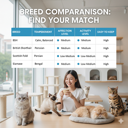 So sánh mèo Anh lông ngắn với các giống khác – Scottish Fold, Ba Tư, Bengal, Xiêm