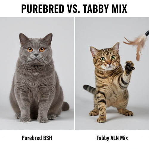 Hình so sánh mèo Anh lông ngắn thuần màu xám và mèo mướp lai ALN lông tabby đang chơi đồ chơi lông vũ