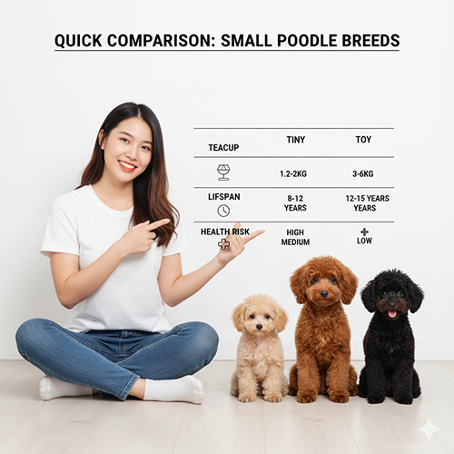 So sánh nhanh nhóm Poodle nhỏ – Teacup, Tiny, Toy Poodle về cân nặng, tuổi thọ, rủi ro sức khỏe và công nhận