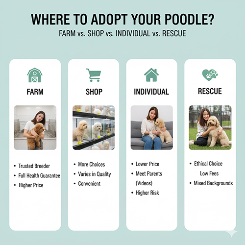 So sánh nơi mua chó Poodle: trại uy tín, shop thú cưng, cá nhân và cứu hộ – ưu nhược điểm rõ ràng