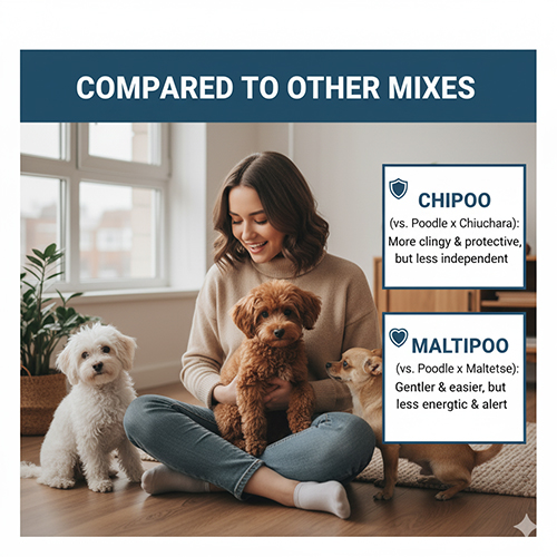 So sánh Poodle lai Phốc hươu với Chipoo và Maltipoo: độc lập, cảnh giác hơn Chipoo, năng động và lanh lợi hơn Maltipoo