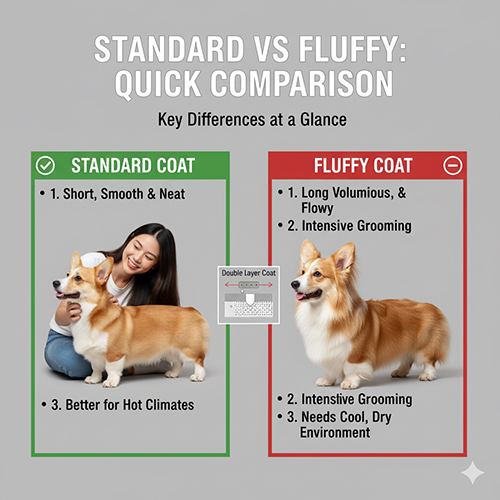 So sánh Standard Corgi lông ngắn gọn mượt với Fluffy Corgi lông dài bồng bềnh về ngoại hình, grooming, rụng lông và khí hậu phù hợp.