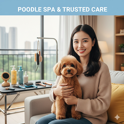 Cô gái ôm chó Poodle nâu sau khi grooming tại spa – minh họa quy trình spa và chăm sóc đáng tin cậy cho thú cưng