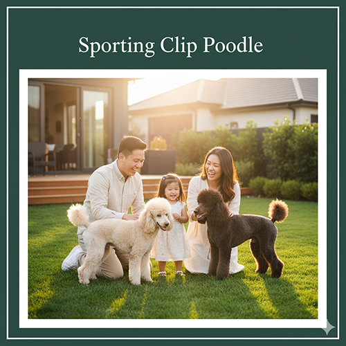 Gia đình Việt trẻ chơi với chó Poodle kiểu Sporting Clip trong vườn.