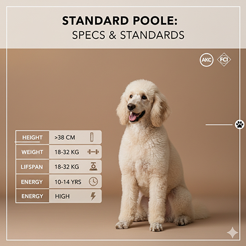 Standard Poodle – size lớn nhất, cao trên 38 cm, nặng 18–32 kg, tuổi thọ 10–14 năm, được AKC và FCI công nhận