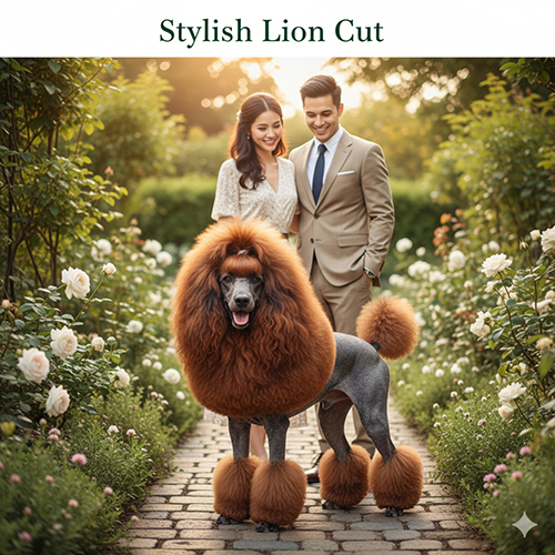 Cặp đôi Việt dắt chó Poodle kiểu Lion Cut trong vườn hoa.