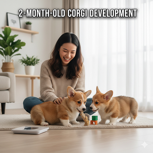 Sự phát triển của Corgi 2 tháng tuổi: cân nặng 2–4kg, cao 15–20cm, lông mềm, răng sữa đầy đủ, tai bắt đầu dựng, tính cách hiếu động.