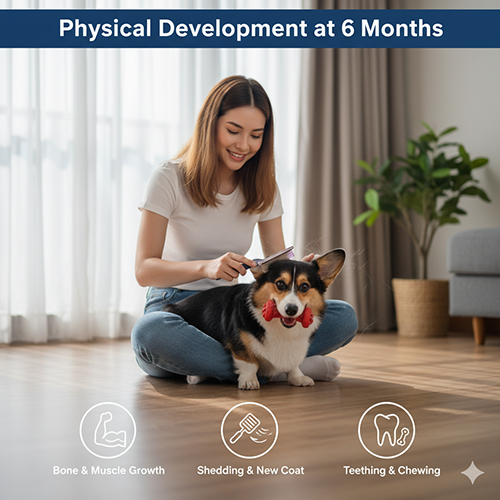 Corgi 6 tháng tuổi được chải lông, gặm đồ chơi giúp phát triển thể chất khỏe mạnh