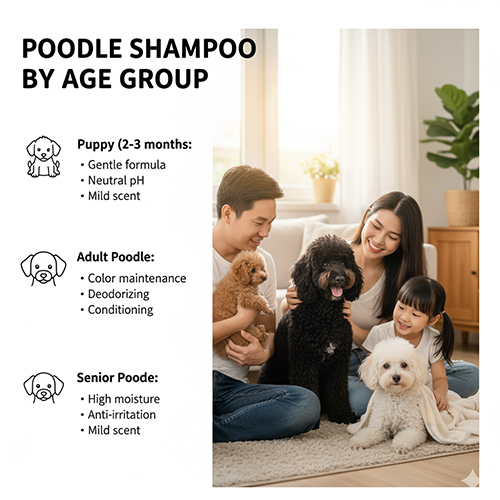 Gia đình vui vẻ bên ba chú chó Poodle nhiều màu sắc – minh họa chọn sữa tắm theo độ tuổi: Poodle con, trưởng thành, già