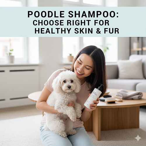 Cô gái bế chó Poodle trắng và cầm chai sữa tắm – chọn đúng sản phẩm giúp lông xoăn bồng và da khỏe mạnh