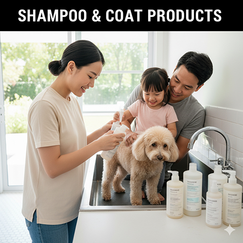 Gia đình sử dụng sữa tắm, dầu xả và xịt khử mùi để chăm sóc lông cho chó Poodle