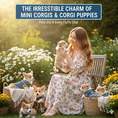 Bức ảnh một người phụ nữ xinh đẹp đang bế một chú Corgi con, xung quanh là nhiều chú Corgi mini khác đang chơi đùa trong vườn hoa đầy nắng. Hình ảnh thể hiện vẻ đáng yêu, hồn nhiên của những chú chó Corgi mini và Corgi con.
