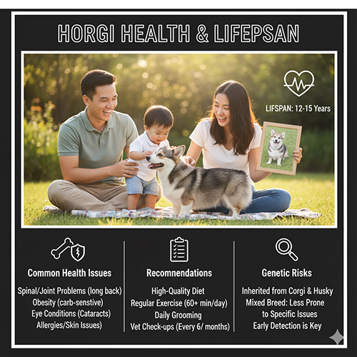 Sức khỏe & tuổi thọ của Corgi lai Husky (Horgi) – 12 đến 15 năm, cần khám định kỳ