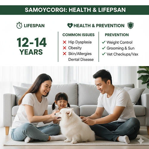Sức khỏe & tuổi thọ Corgi lai Samoyed – 12–14 năm, bệnh thường gặp & cách phòng tránh