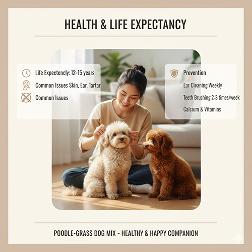 Cô gái chăm sóc hai chú Poodle lai chó cỏ khỏe mạnh, tuổi thọ 12–15 năm, cần vệ sinh tai và răng định kỳ