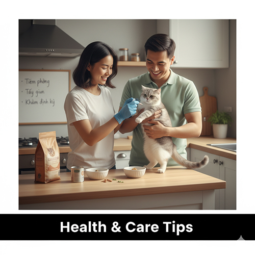 Cặp đôi trẻ Việt Nam cho mèo Anh lông ngắn lai mèo ta ăn và chăm sóc sức khỏe trong bếp gia đình