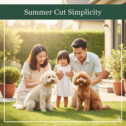 Gia đình Việt trẻ chơi với chó Poodle kiểu Summer Cut trong vườn.