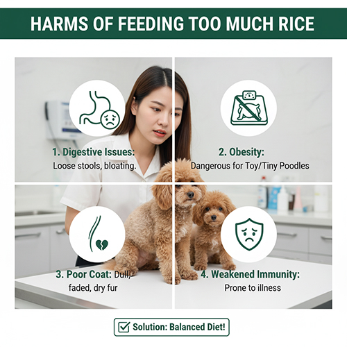 Tác hại khi cho Poodle ăn cơm quá nhiều – dễ rối loạn tiêu hóa, béo phì, lông xơ bạc màu và suy giảm miễn dịch.