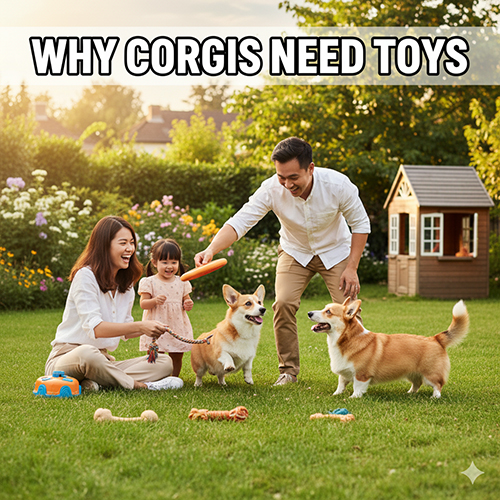 Một gia đình gồm bố, mẹ và một bé gái đang chơi đùa cùng hai chú chó Corgi trên bãi cỏ. Họ sử dụng nhiều loại đồ chơi khác nhau như đĩa bay, dây thừng. Hình ảnh thể hiện sự cần thiết của đồ chơi đối với Corgi để chúng được vận động và giải trí.