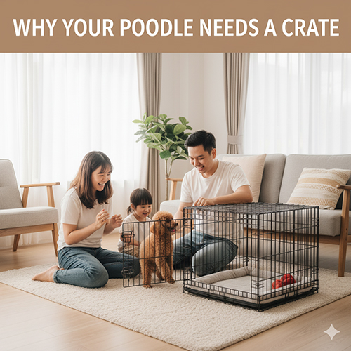 Gia đình chơi cùng chó Poodle bên cạnh chuồng lồng – lý do Poodle cần chuồng/nhà riêng để an toàn và huấn luyện