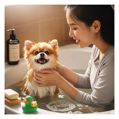 Cô gái Việt Nam đang tắm cho chú chó Phốc Sóc trong bồn tắm với sữa tắm chuyên dụng.