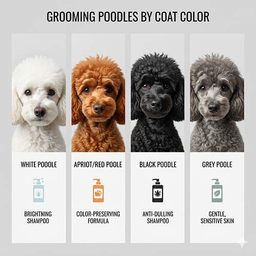 Tắm cho Poodle theo màu lông: trắng dùng sữa tắm giữ sáng, nâu/đỏ giữ màu, đen chống xỉn, xám dịu nhẹ cho da nhạy cảm