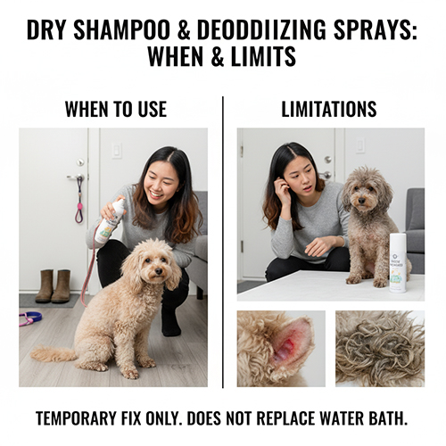 Tắm khô và xịt khử mùi cho Poodle: khi nào nên dùng và giới hạn, không thay thế tắm nước