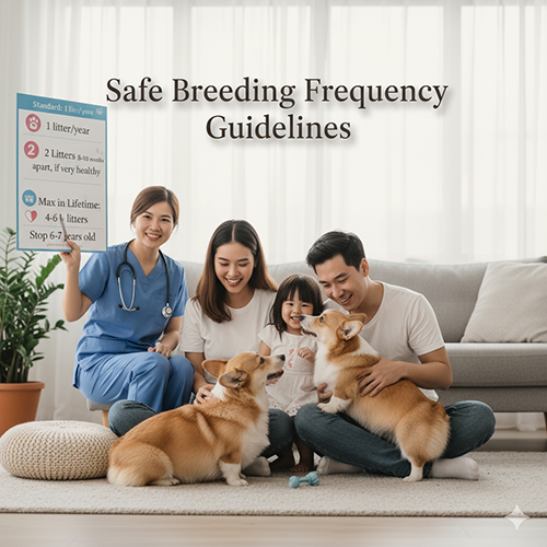 Tần suất sinh sản an toàn của Corgi: 1 lứa/năm, tối đa 4–6 lứa trong đời, ngừng khi 6–7 tuổi để bảo vệ sức khỏe.