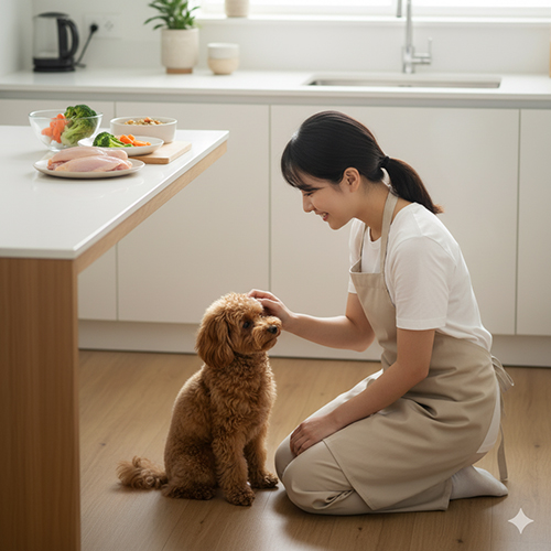 Cô gái mặc tạp dề vuốt ve chó Poodle nâu đỏ trong bếp, cạnh bàn có thịt và rau củ chuẩn bị cho bữa ăn.