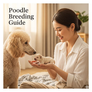 Cô gái âu yếm chó Poodle mẹ và bế chó con sơ sinh nhỏ nhắn, minh họa bài viết về sinh sản chó Poodle.