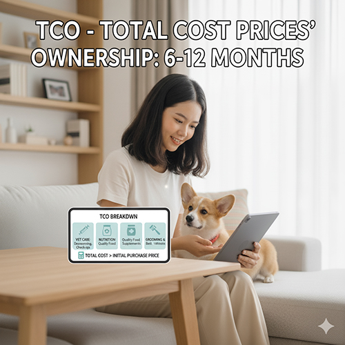 Người phụ nữ ngồi cạnh chó Corgi, minh họa bảng chi phí sở hữu 6–12 tháng đầu gồm y tế, dinh dưỡng, grooming và phụ kiện
