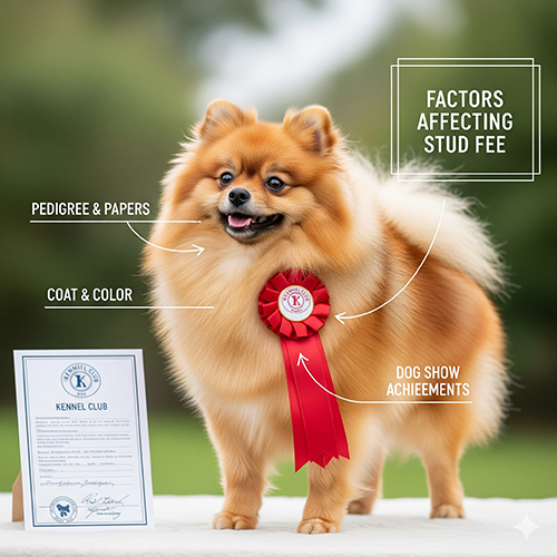 Chó Phốc Sóc lông vàng đeo huy chương Dogshow và giấy chứng nhận, minh họa yếu tố thành tích ảnh hưởng đến giá phối giống.