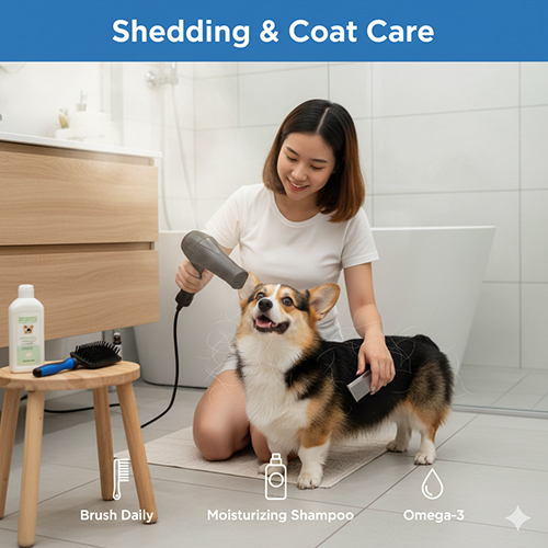 Corgi 6 tháng tuổi được sấy khô và chải lông trong quá trình thay lông