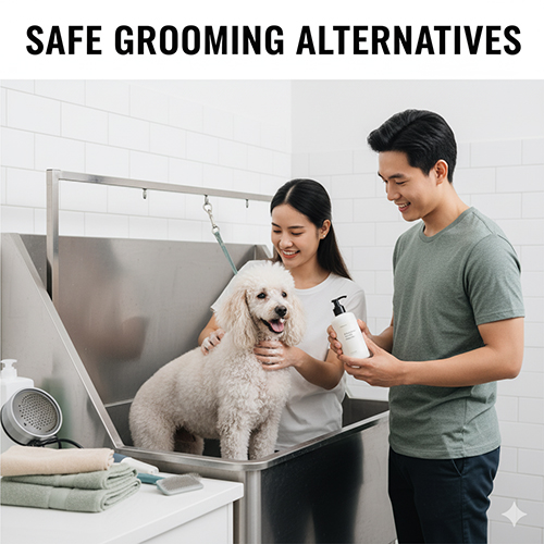 Chó Poodle được tắm gội trong bồn bởi gia đình – minh họa giải pháp thay thế cạo trụi bằng grooming an toàn