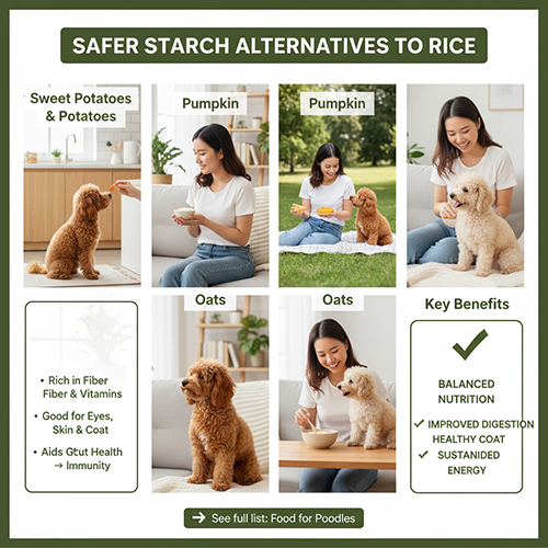 Thực phẩm thay thế cơm cho chó Poodle – khoai lang, khoai tây, bí đỏ, yến mạch giàu vitamin, chất xơ, tốt cho tiêu hóa, da và lông.