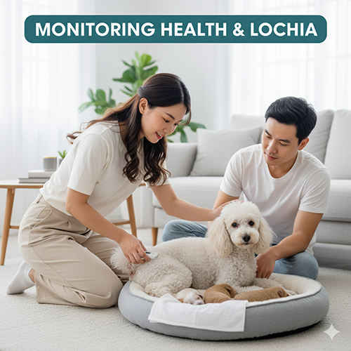 Theo dõi sức khỏe và dịch hậu sản ở chó Poodle mẹ sau sinh