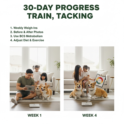 So sánh chó Corgi tuần 1 và tuần 4 trong quá trình tăng cân an toàn
