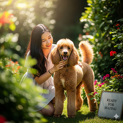 Cô gái vuốt ve chó Poodle nâu đỏ trong vườn hoa, bên cạnh có bảng ghi “Ready for mating”, minh họa thời điểm phối giống.
