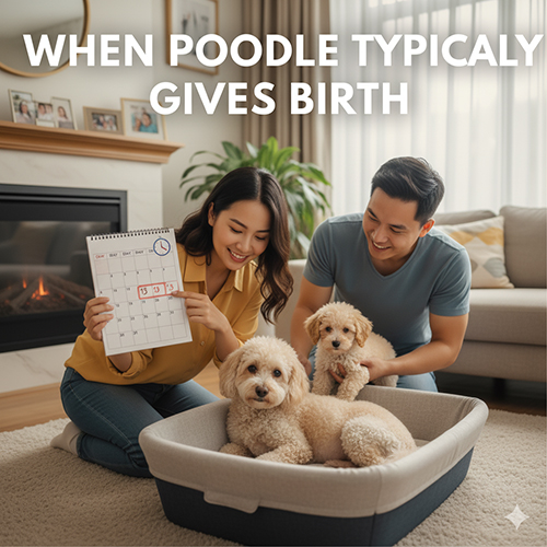📅 Thời điểm chó Poodle thường sinh: trung bình 58–63 ngày, có thể sớm hoặc muộn hơn