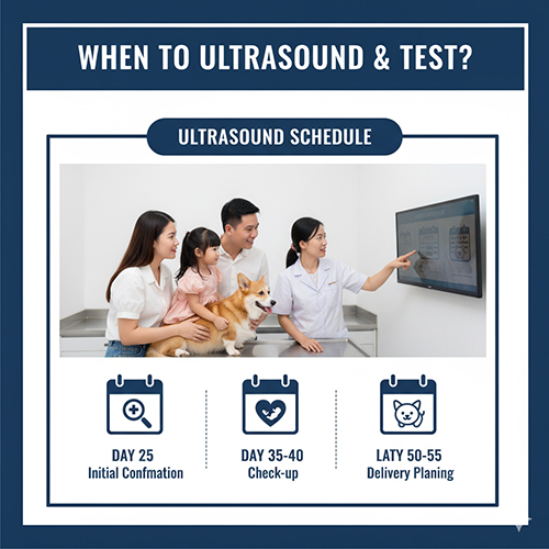 Bác sĩ thú y hướng dẫn lịch siêu âm thai cho chó Corgi: ngày 25, 35–40 và 50–55 để theo dõi phát triển.