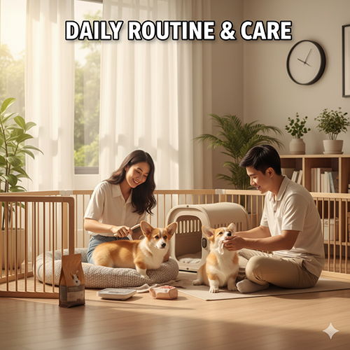 Thói quen và sinh hoạt của Corgi 2 tháng tuổi: lịch ngủ 16–18 giờ, chải lông, tắm định kỳ, tiêm phòng và tẩy giun.