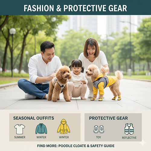 Gia đình cho chó Poodle mặc quần áo và giày bảo hộ khi dạo chơi ngoài công viên