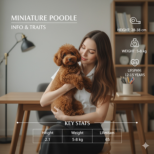 Miniature Poodle – size Poodle chính thức AKC/FCI, chiều cao 28–38 cm, cân nặng 5–8 kg, tuổi thọ 12–15 năm