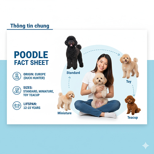 Thông tin chung về chó Poodle – nguồn gốc châu Âu, các size Standard, Miniature, Toy, Teacup, tuổi thọ 12–15 năm