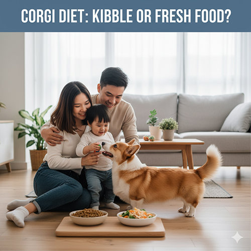 Gia đình cho chó Corgi ăn, so sánh thức ăn hạt và đồ tươi