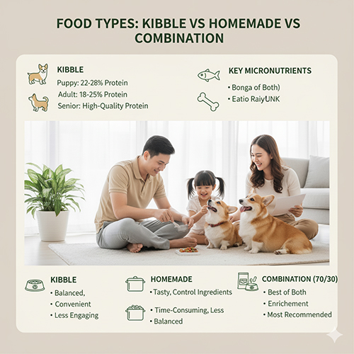 Thức ăn cho chó Corgi – So sánh hạt, tự nấu và kết hợp (70/30)