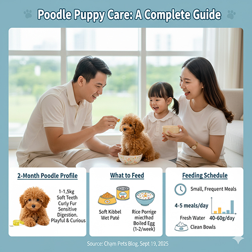 Thức ăn cho Poodle 2 tháng tuổi – hướng dẫn khẩu phần chuẩn, lịch cho ăn 4–5 bữa/ngày, kết hợp hạt khô mềm, cháo loãng, trứng luộc và nước sạch.