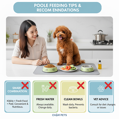 Các nhóm thức ăn cần thiết cho chó Poodle: đạm, tinh bột, chất béo, vitamin và khoáng
