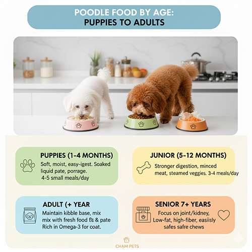 Thức ăn cho Poodle theo độ tuổi: chó con, chó junior, trưởng thành và già